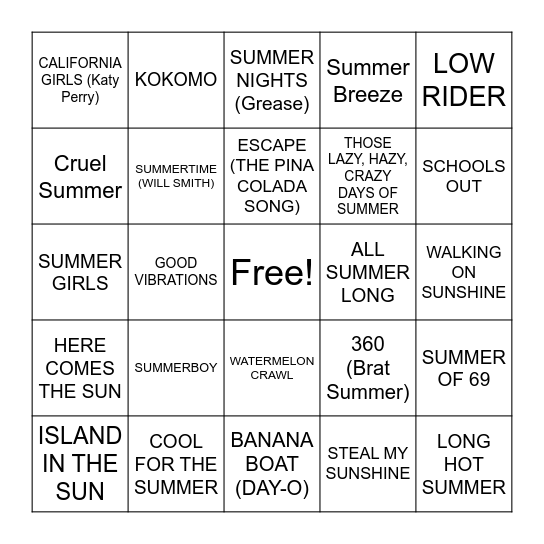 SUMMER SONG BINGO Card