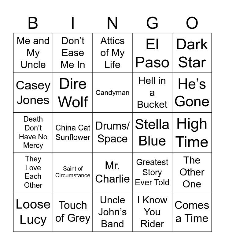Dead 60 Bingo Card