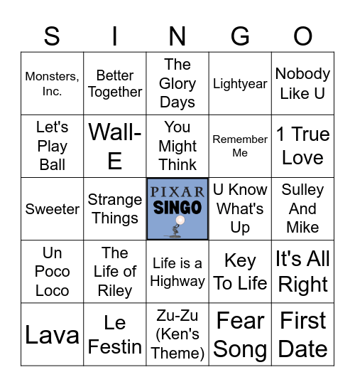 PIXAR song bingo - 30 songs Bingo Card