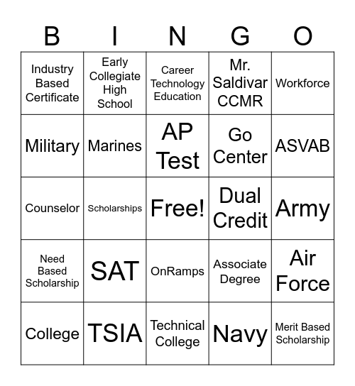 College Career Military Readiness Bingo Card