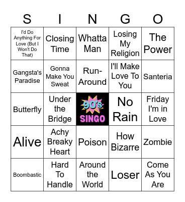 90's Singo - 40 songs Bingo Card