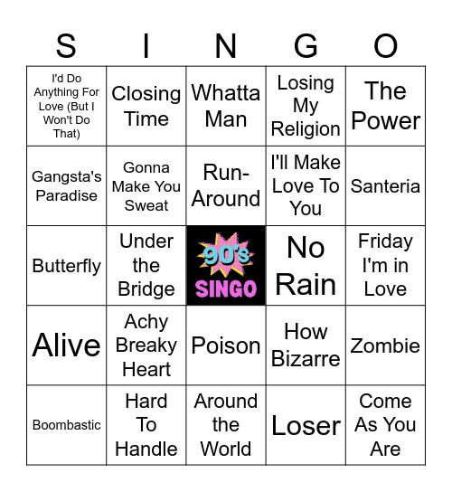90's Singo - 40 songs Bingo Card