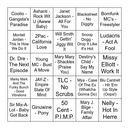 Throw Back Hip Hop/RNB Bingo Card