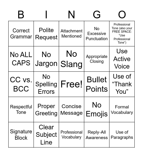 E-Mail Etiquette Bingo Card