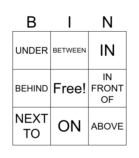 PREPOSITIONS OF PLACE Bingo Card