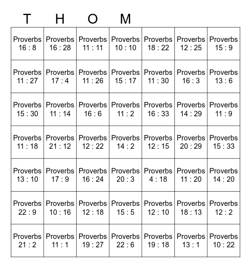 Proverbial Bingo Card