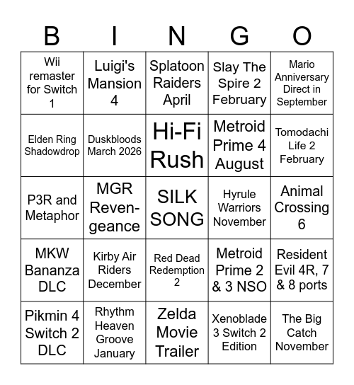 Nintendo Direct Bingo Card