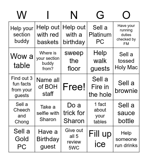 Pluckers Wingo Bingo Card
