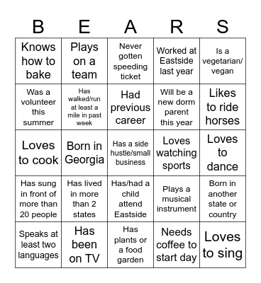 ESES BEARS 2025 Bingo Card