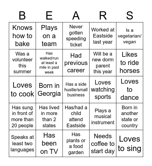 ESES BEARS 2025 Bingo Card