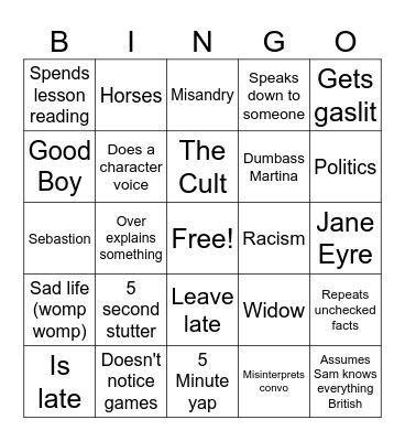 English Lit bingo Card