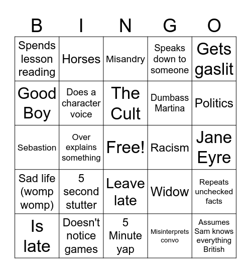 English Lit bingo Card