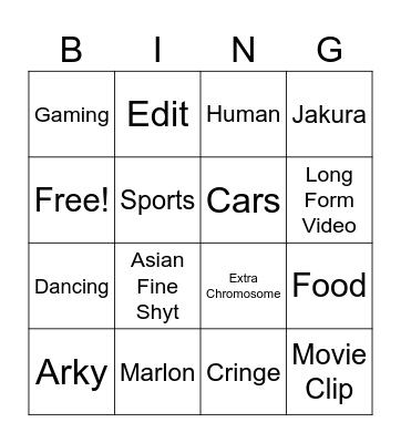 Youtube Shorts Bingo Card