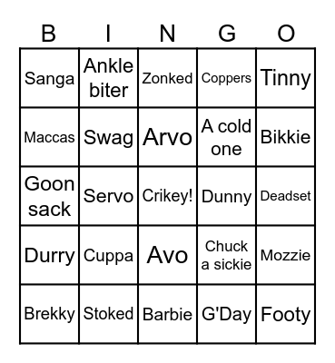 Australian Slang Bingo Card