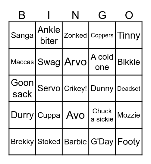 Australian Slang Bingo Card