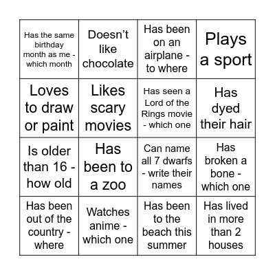 Getting to know you - Listening and Speaking Bingo Card
