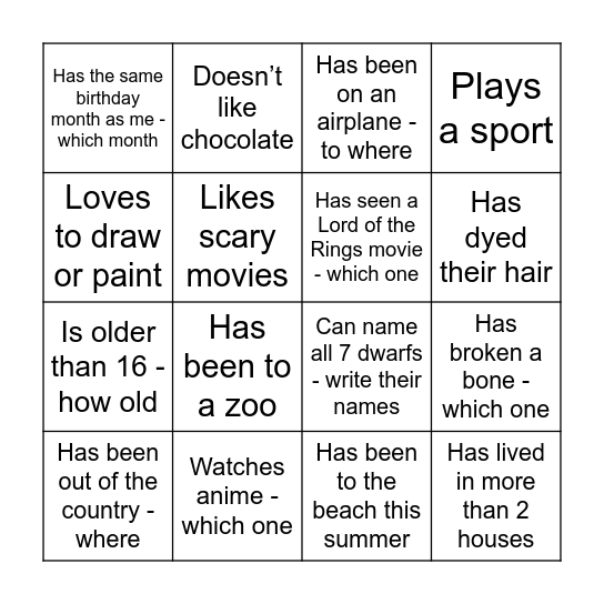 Getting to know you - Listening and Speaking Bingo Card