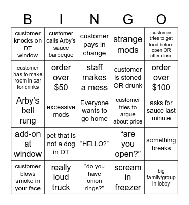 Arby's Bingo Card