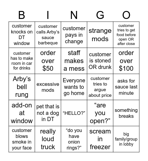 Arby's Bingo Card
