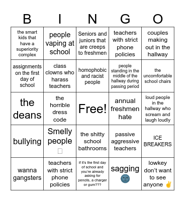 Things I don’t want to see this school year Bingo Card