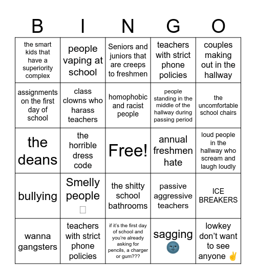 Things I don’t want to see this school year Bingo Card