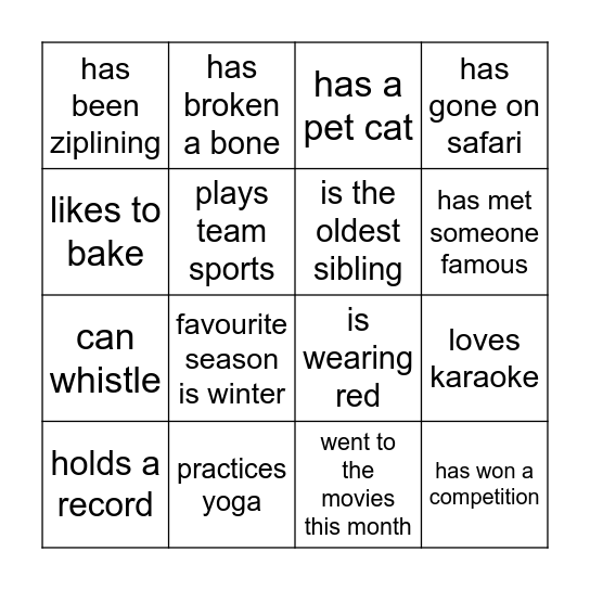 Icebreaker Bingo Card