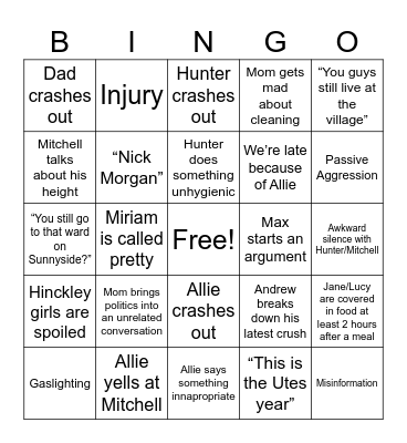 Montana Trip Bingo Card