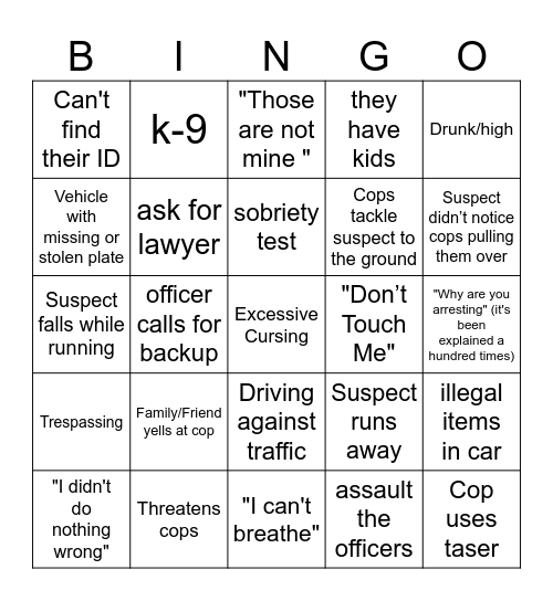 Cop Cam Bingo Card