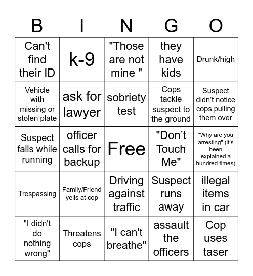 Cop Cam Bingo Card