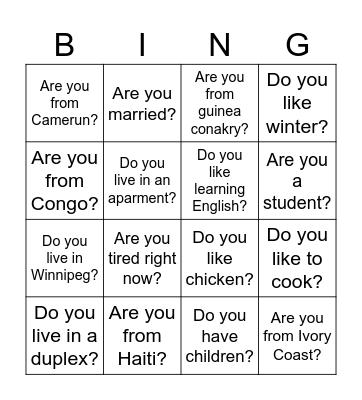 Yes/No Bingo Card