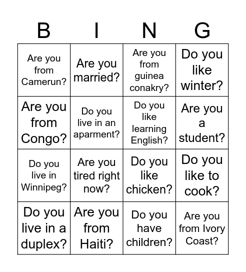 Yes/No Bingo Card