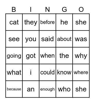 Sight Words 1 Bingo Card