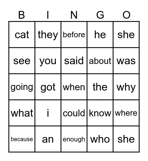 Sight Words 1 Bingo Card