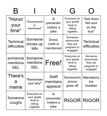Staff Meeting Bingo Card