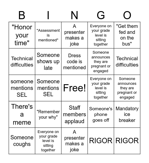 Staff Meeting Bingo Card