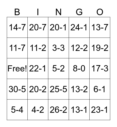 Lyla's Subtraction Bingo Card