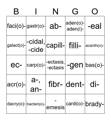 Medical Terminology Bingo Card