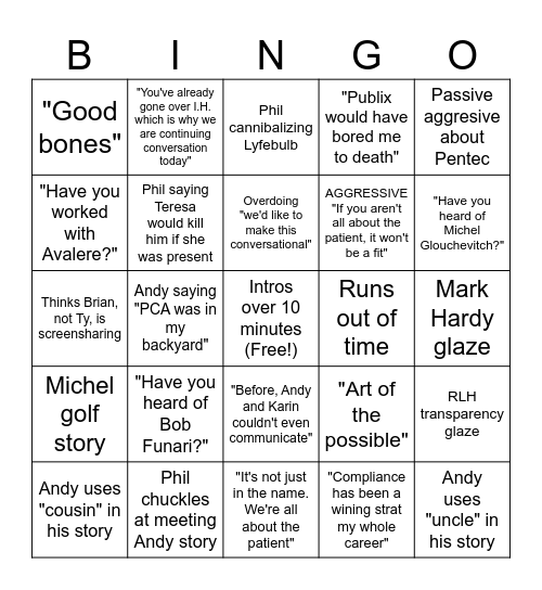 PCA Bingo Card