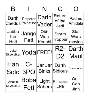 Happy Birthday Luke!  Star Wars Bingo Card