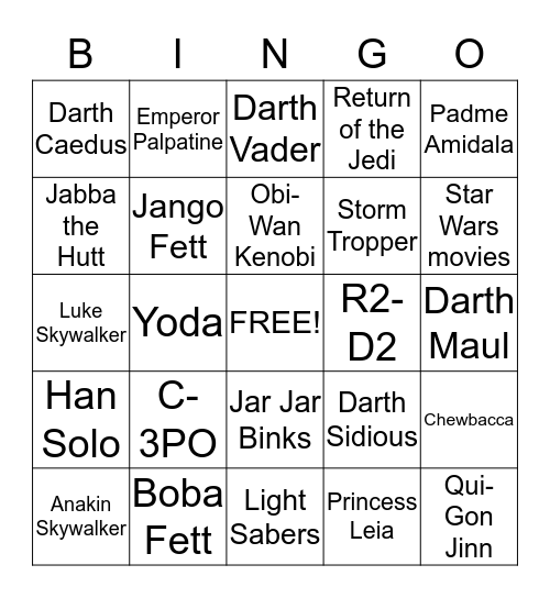 Happy Birthday Luke!  Star Wars Bingo Card