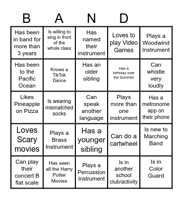 Band Bingo Card