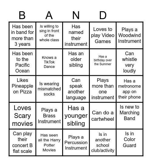 Band Bingo Card