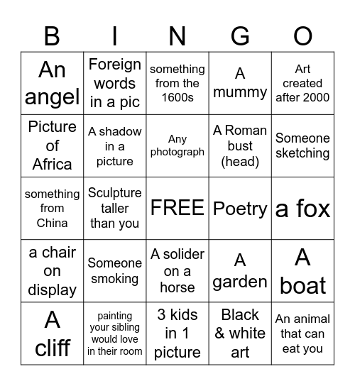 Art Museum Bingo Card