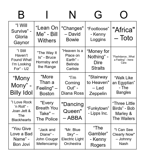 70s 80s Bingo Card