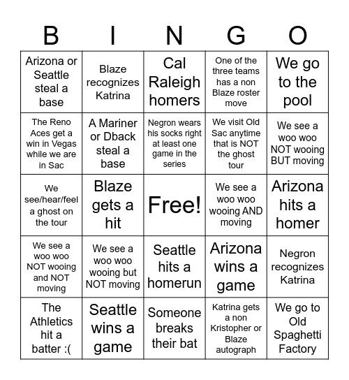 Sacramento Bingo Card