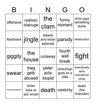 family guy bingo Card