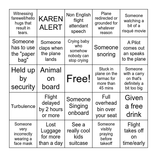 Airport/Plane Bingo card Bingo Card