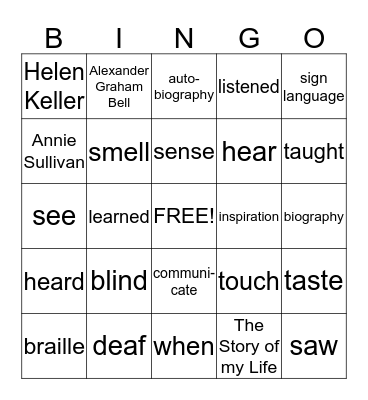 Helen Keller Bingo Card