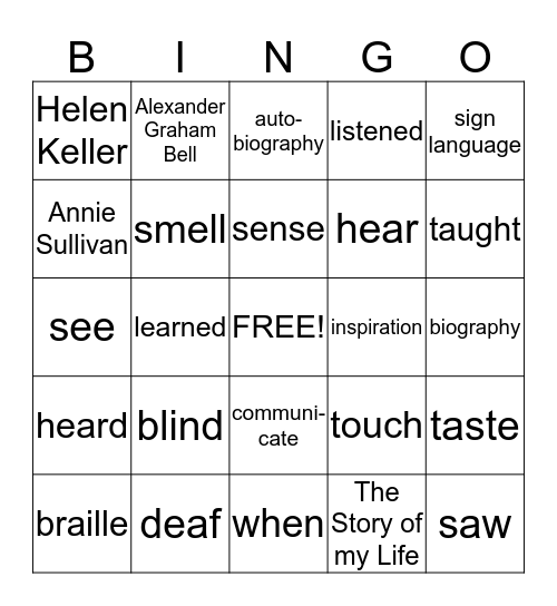 Helen Keller Bingo Card
