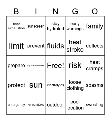 Heat Safety Bingo Card